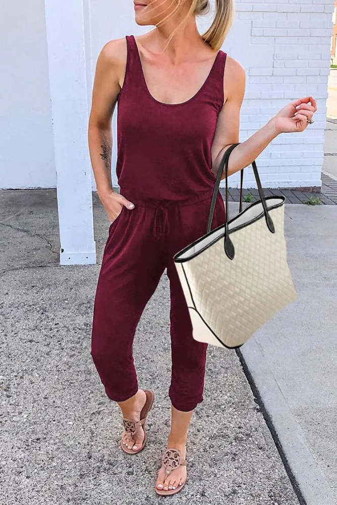 Women Scoop Neck Sleeveless Elastic Waist Jumpsuit