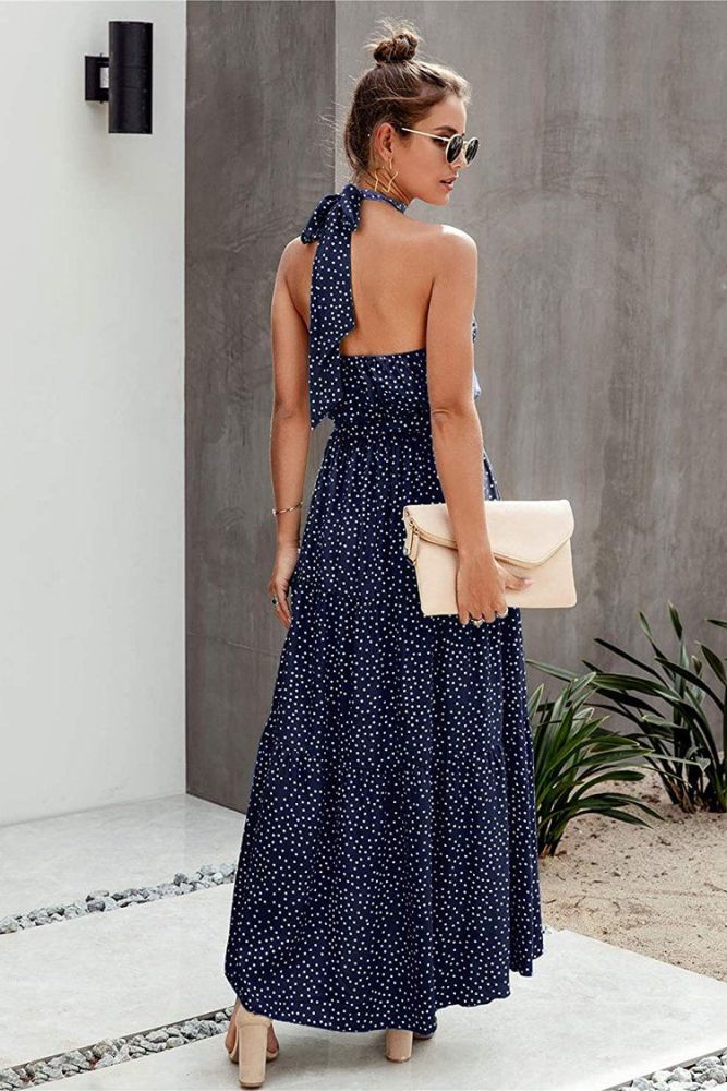 Halter Neck Floral Backless Loose Ruffle Maxi Dress