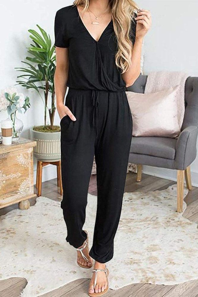 Deep V Neck Wrap Drawstring Waist Jumpsuit