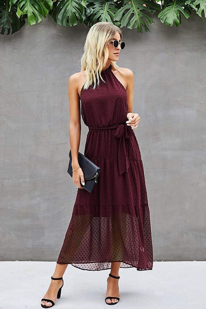 Halter Neck Sleeveless Elegant Polka Dot Backless Long Maxi Dress With Belt