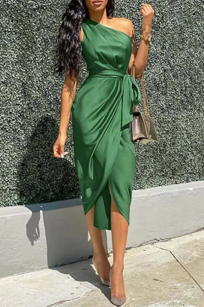 One Shoulder Ruched Midi Dress Belted Party Dress