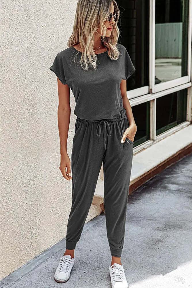 Women's Loose Solid Off Shoulder Elastic Waist Stretchy Jumpsuit