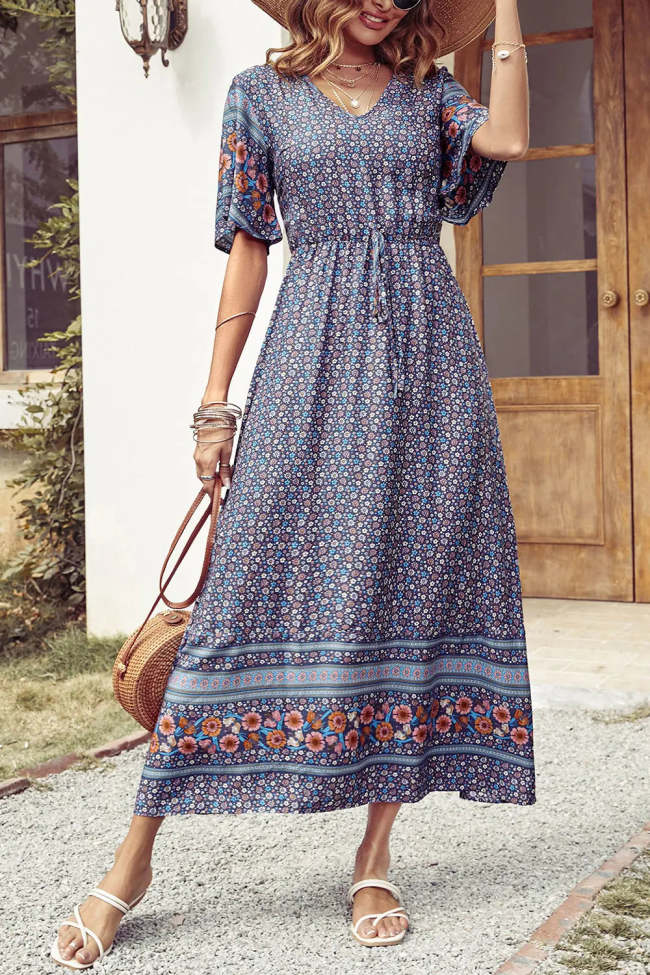 Floral  V Neck Short Sleeve Summer Maxi Dress