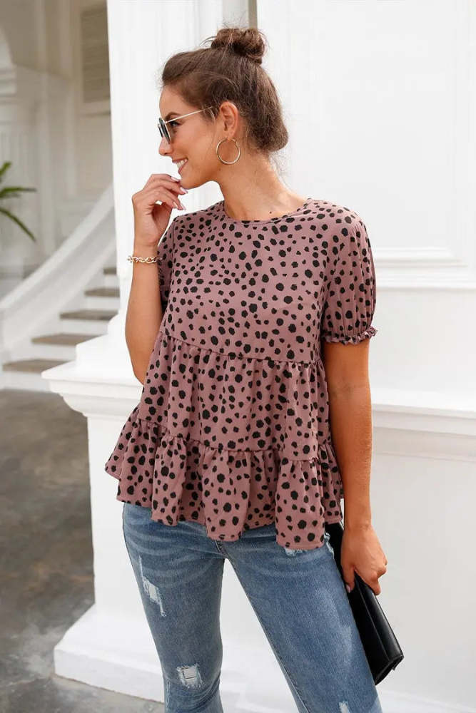 LeopardShort Puff Sleeve Crewneck Babydoll Shirts Peplum Tunic Tops