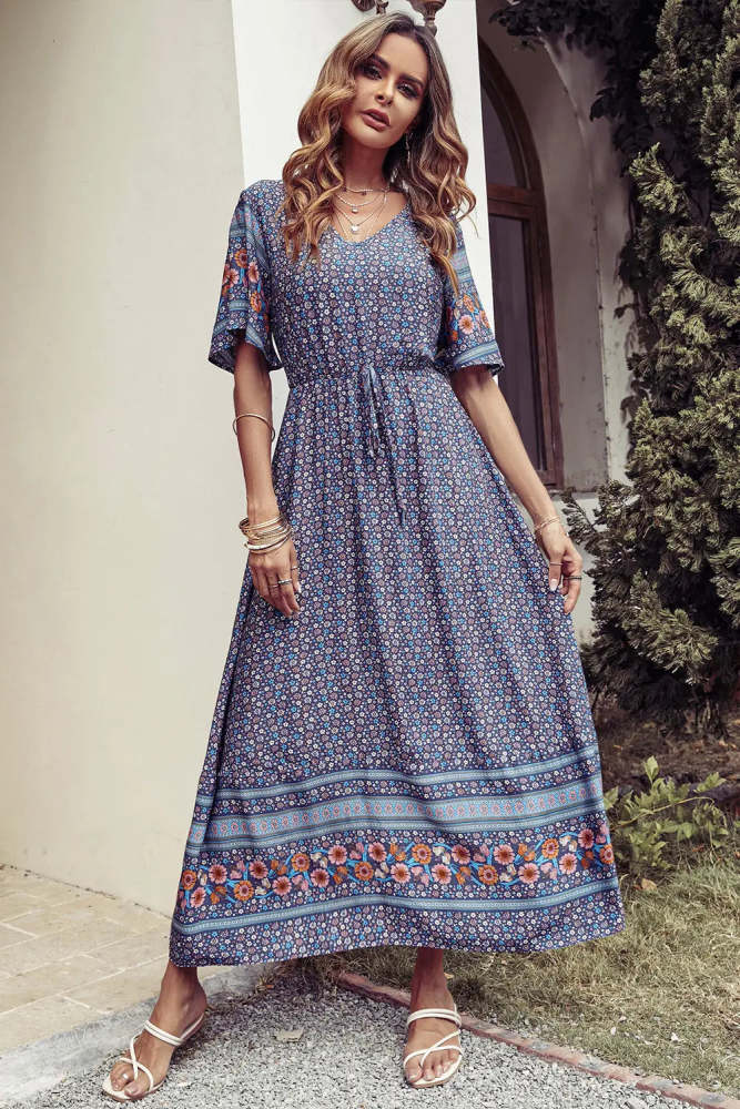 Floral  V Neck Short Sleeve Summer Maxi Dress