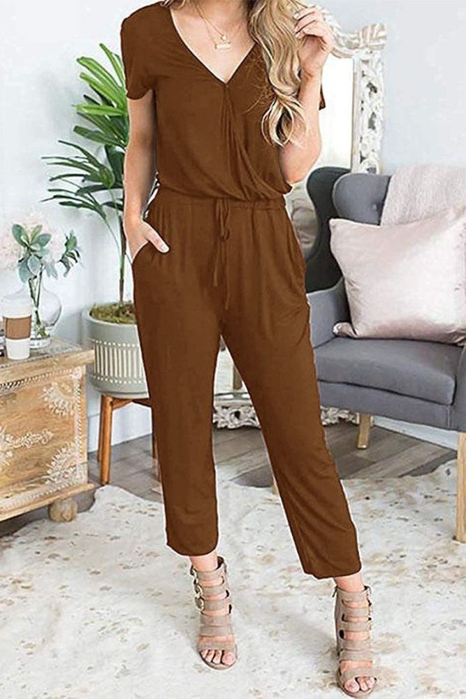 Deep V Neck Wrap Drawstring Waist Jumpsuit