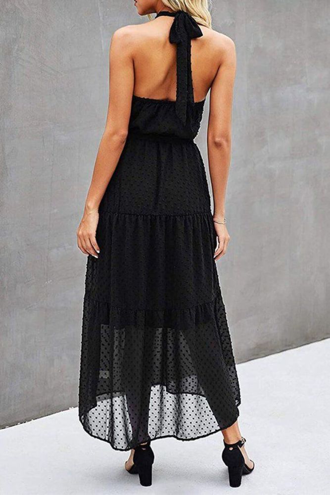 Halter Neck Sleeveless Elegant Polka Dot Backless Long Maxi Dress With Belt