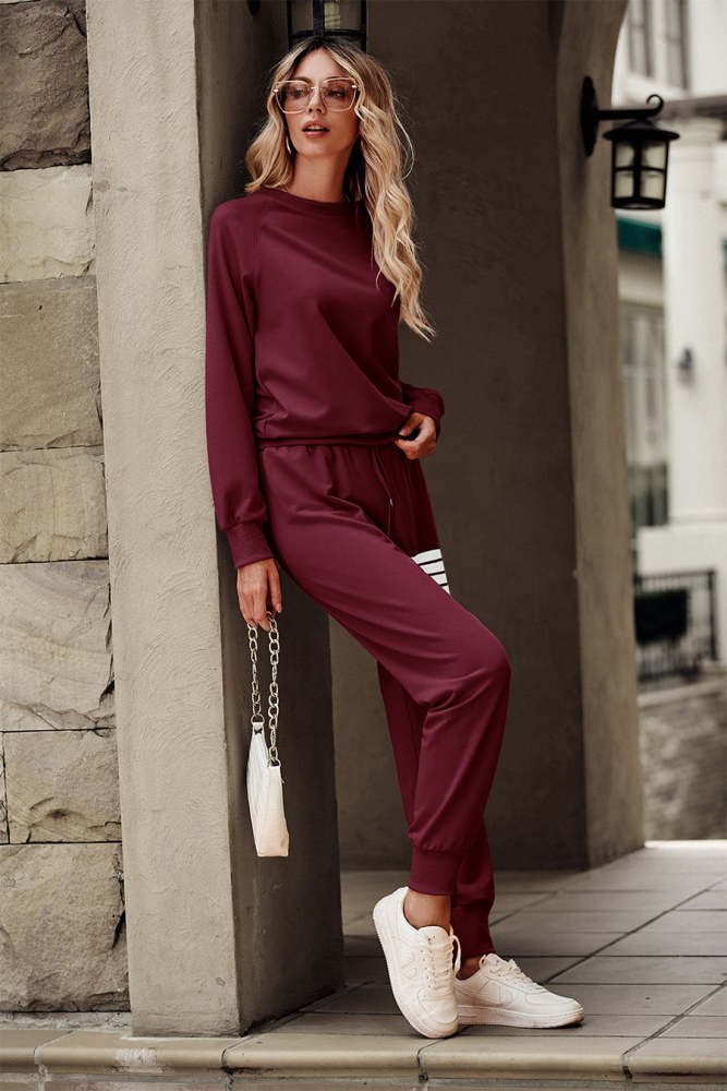 2 Piece Elastic Waist Striped Drawstring Fall Tracksuits