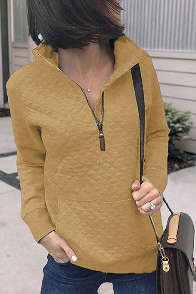 Quilted Pattern Lightweight Zipper Plain Sweatshirts