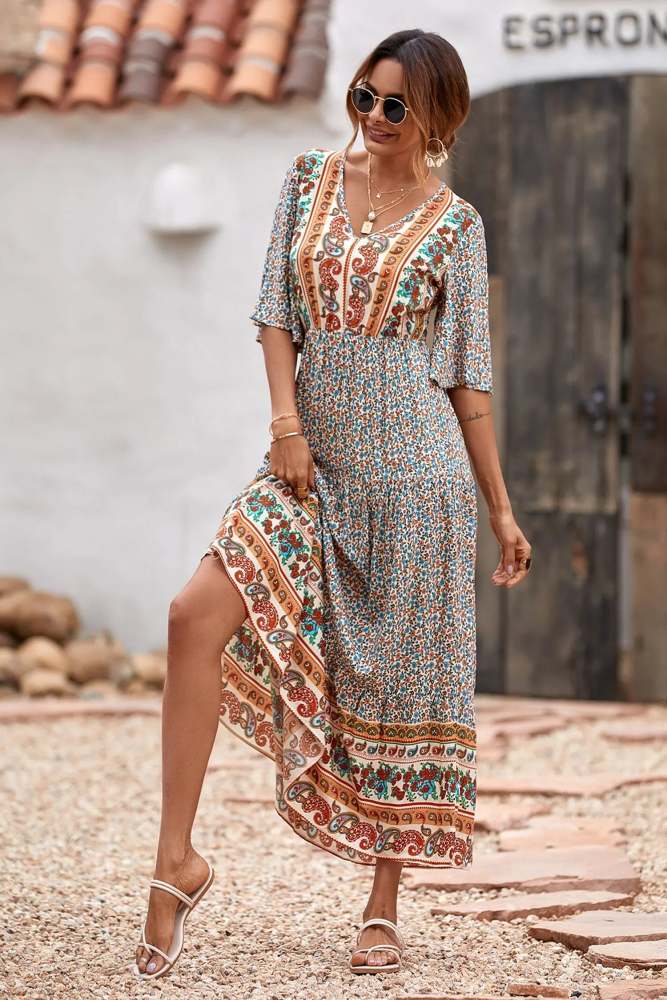 V Neck Summer Boho High Waist Maxi Dresses