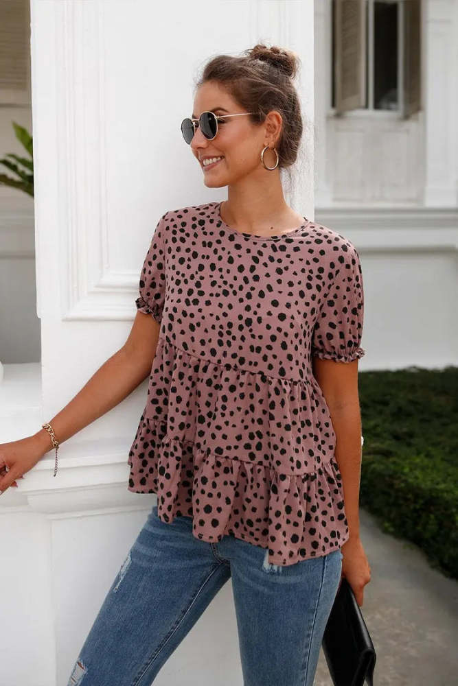 LeopardShort Puff Sleeve Crewneck Babydoll Shirts Peplum Tunic Tops