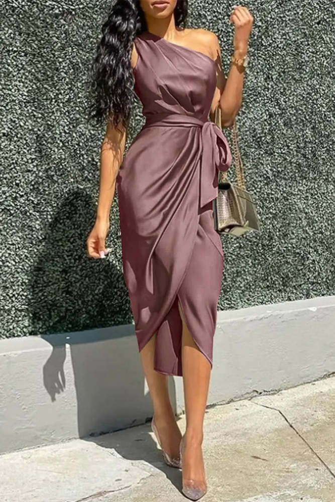 One Shoulder Ruched Midi Dress Belted Party Dress