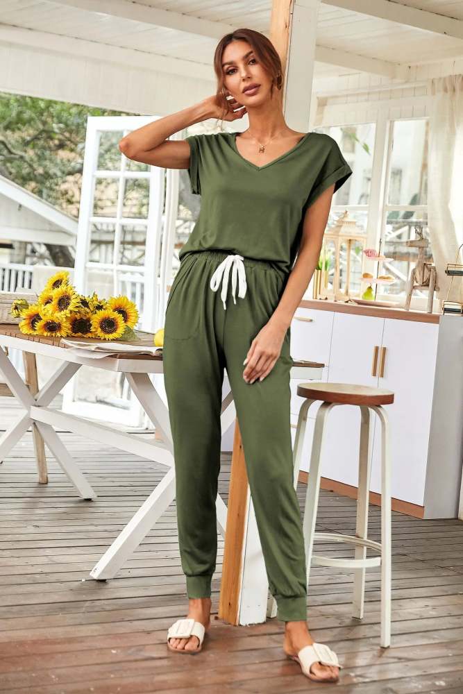 Short Sleeve V Neck Top Matching with Long Pants