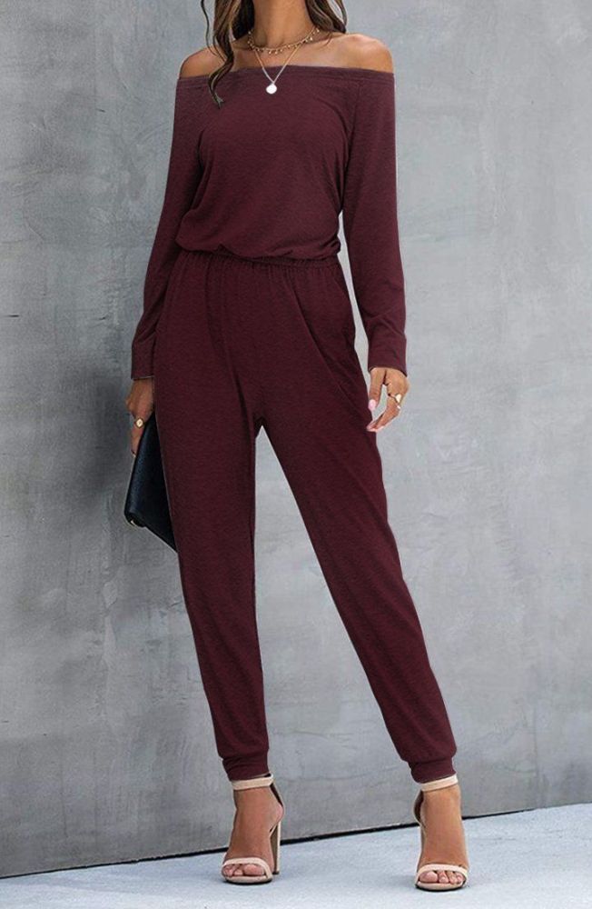 Loose Off Shoulder Elastic Waist Stretchy Jumpsuit