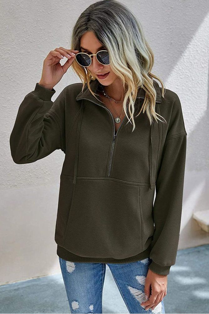 Lapel Zipper  Drawstring Loose Pullover Sweatshirt