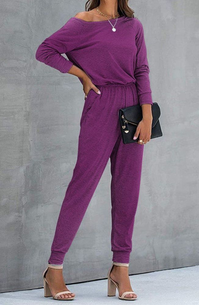 Loose Off Shoulder Elastic Waist Stretchy Jumpsuit