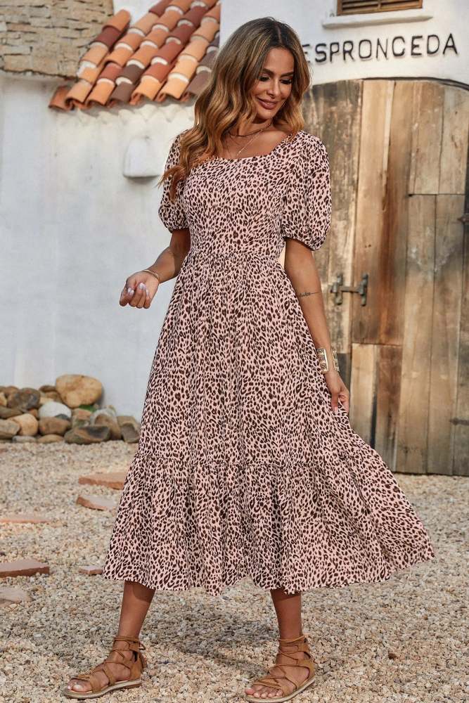 Leopard  Square Neck Flowy Boho Maxi Dress