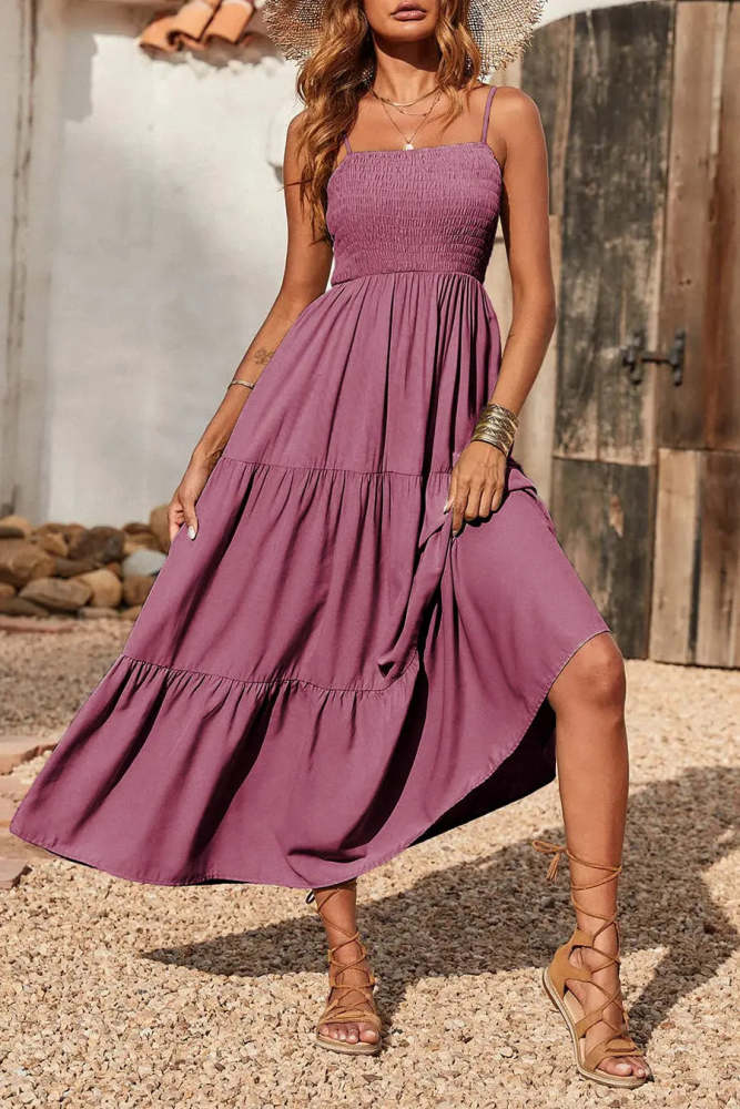 Sleeveless Spaghetti Strap Smocked Tiered Maxi Dress