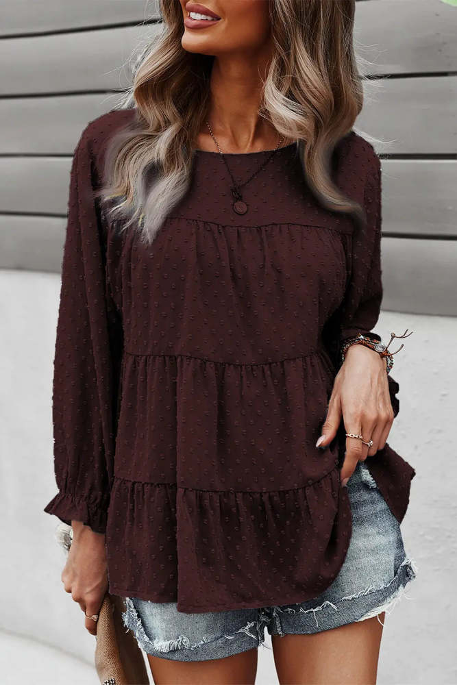 Long Sleeves Crew Neck Chicffon Blouses PomPom Pleated Top