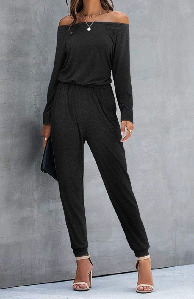 Loose Off Shoulder Elastic Waist Stretchy Jumpsuit