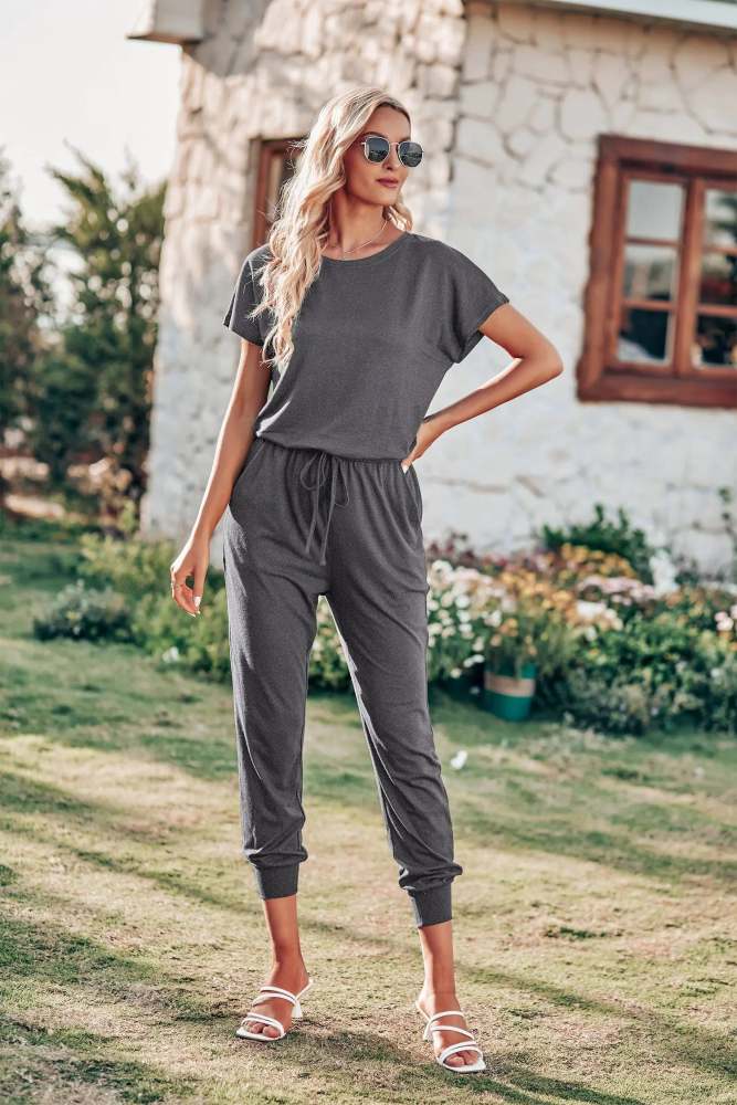 Short Sleeve Crewneck Drawstring Elasitic Waist Jumpsuit