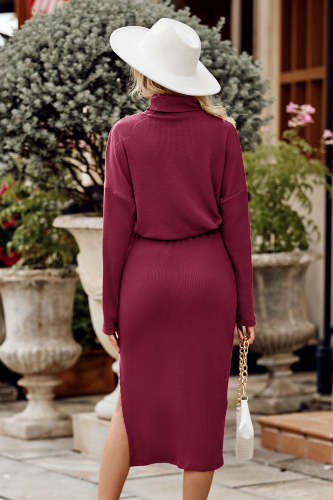 2 Piece Fall Turtleneck Knit Ribbed Midi Dress Sets