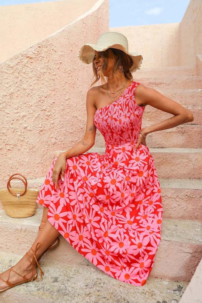 One Shoulder Smocked Bodice Floral Maxi Dress