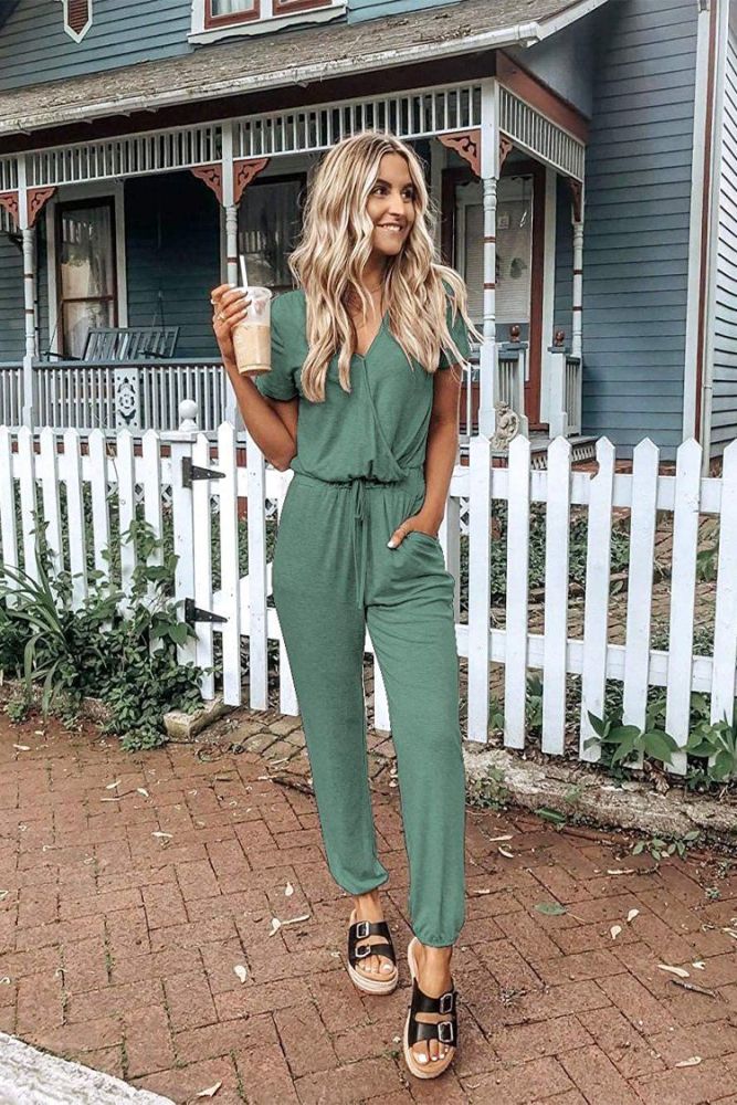 Deep V Neck Wrap Drawstring Waist Jumpsuit