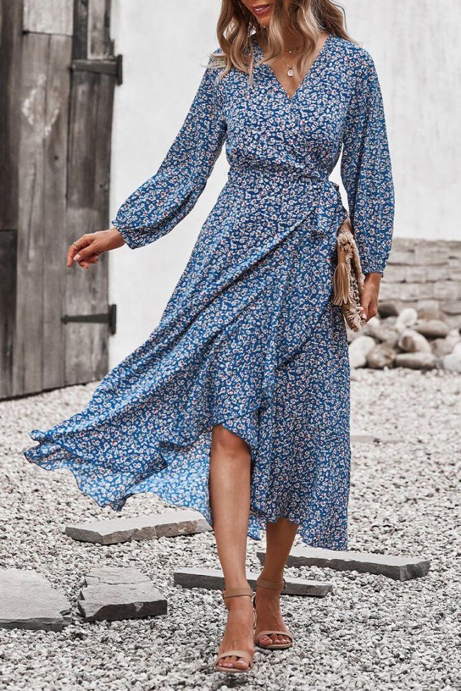 Long Sleeve Tied Waist Wrap Fall Maxi Dress