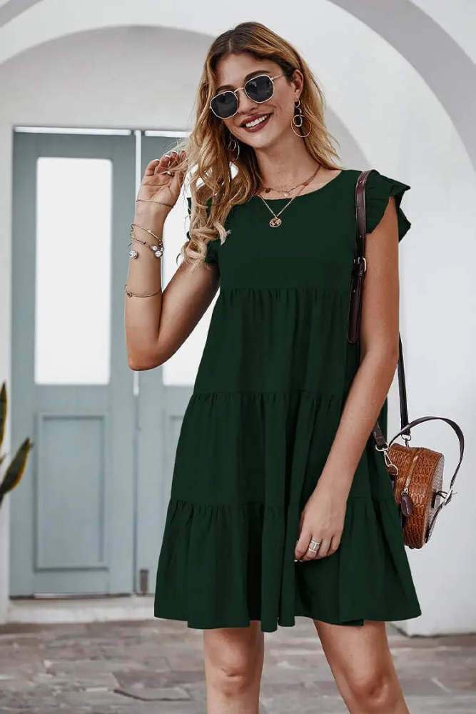 Summer Sleeveless Ruffle Sleeve Flowy Pleated Dress