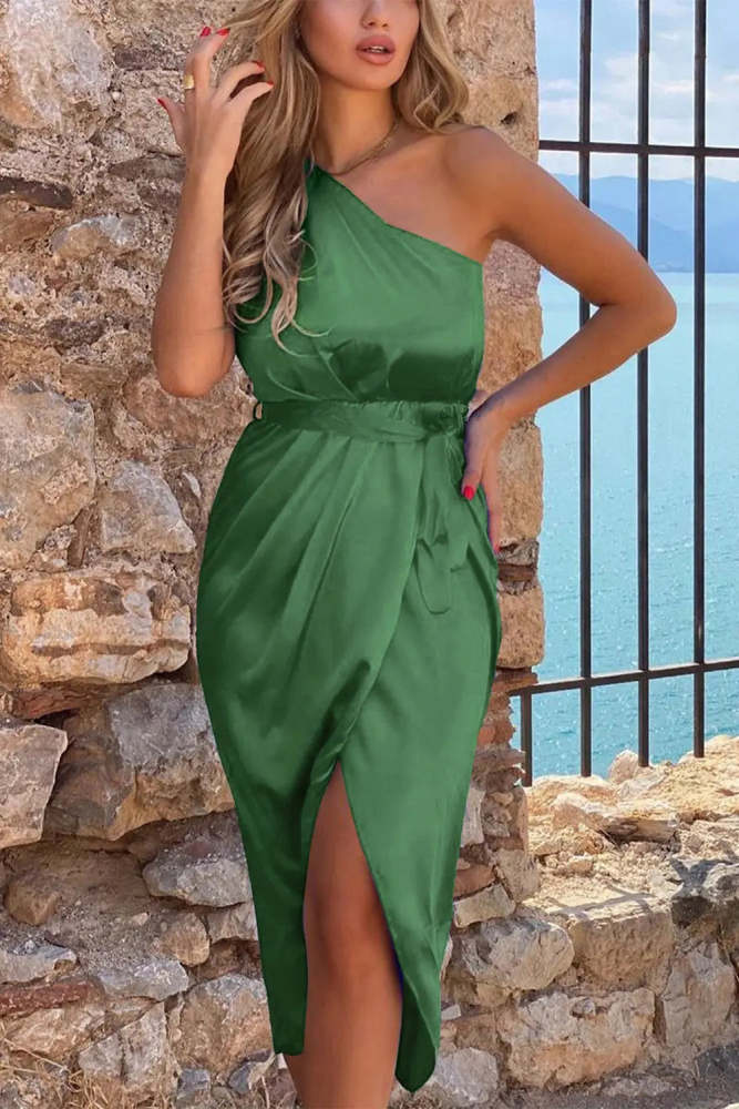 One Shoulder Ruched Midi Dress Belted Party Dress