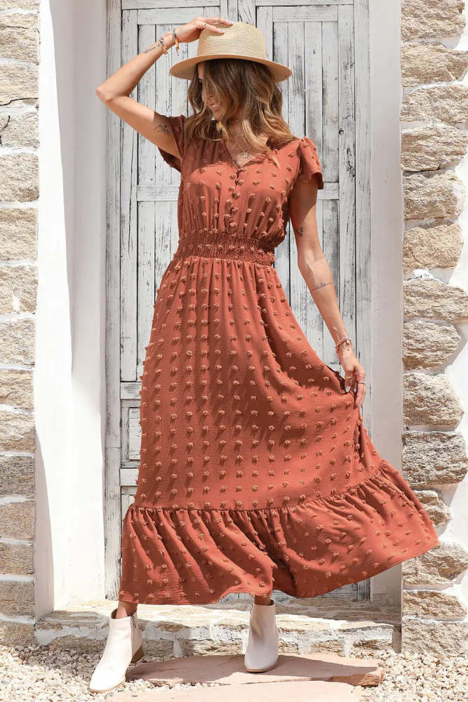 V Neck Swiss Dot Ruffle Tiered Smocked Cocktail Maxi Dress