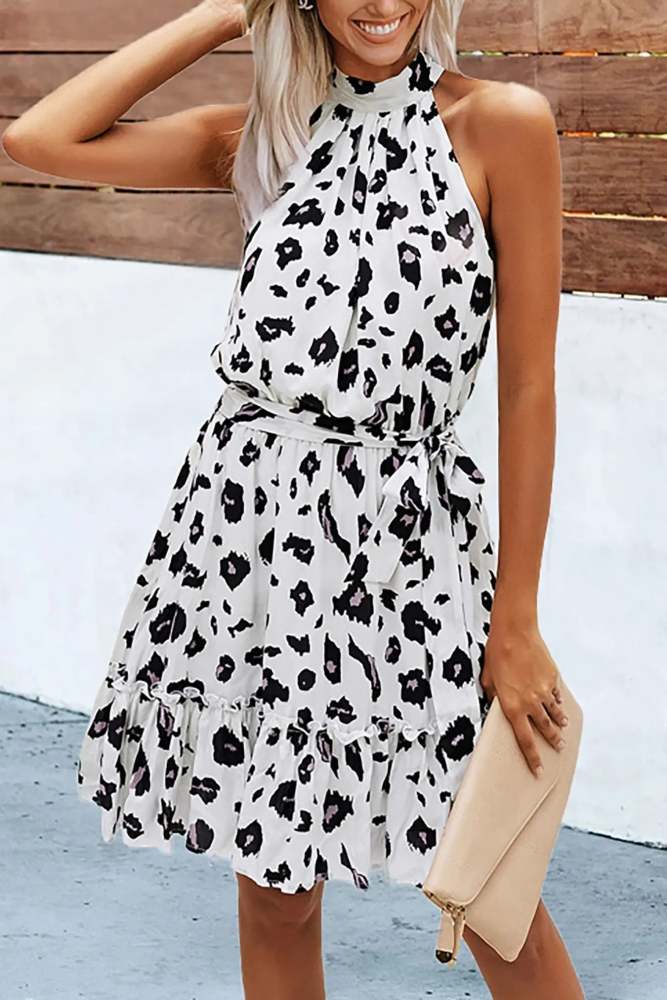 Halter Neck Summer Loose Sleeveless  Ruffle Belt Boho Floral Dress