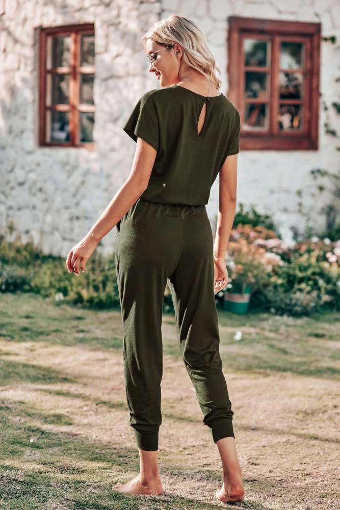 Short Sleeve Crewneck Drawstring Elasitic Waist Jumpsuit