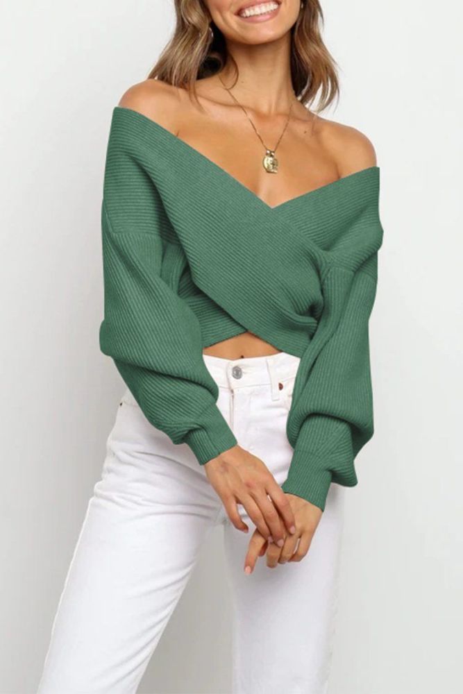 Women's V Neck Off Shoulder Oversized Sweater