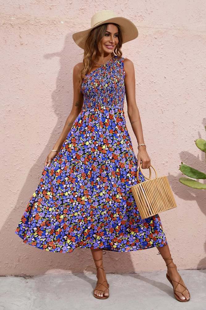 One Shoulder Smocked Bodice Floral Maxi Dress