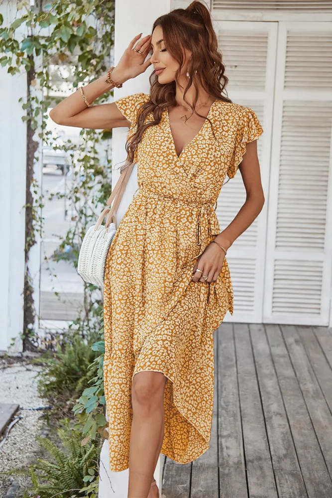 Floral Wrap V Neck Hem A-Line Bohemian Maxi Dress