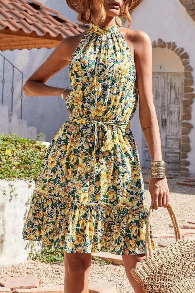 Halter Neck Summer Loose Sleeveless  Ruffle Belt Boho Floral Dress