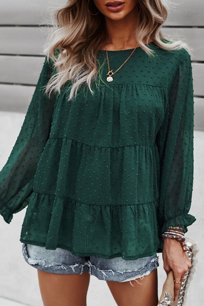 Long Sleeves Crew Neck Chicffon Blouses PomPom Pleated Top