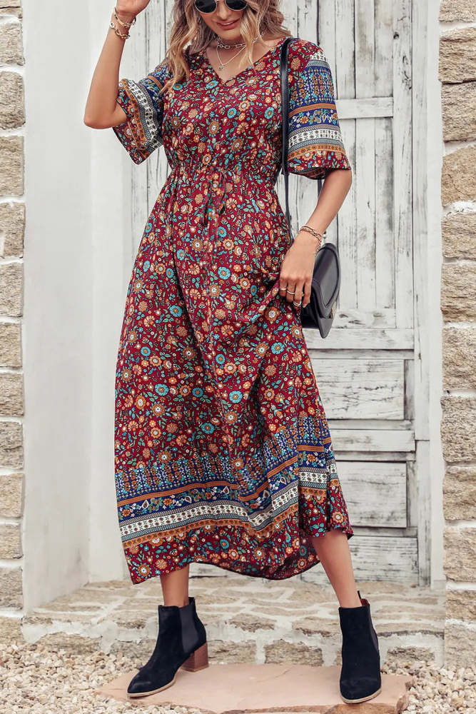 Floral  V Neck Short Sleeve Summer Maxi Dress