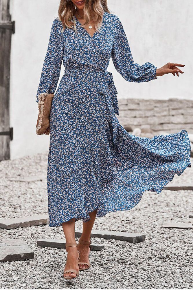 Long Sleeve Tied Waist Wrap Fall Maxi Dress