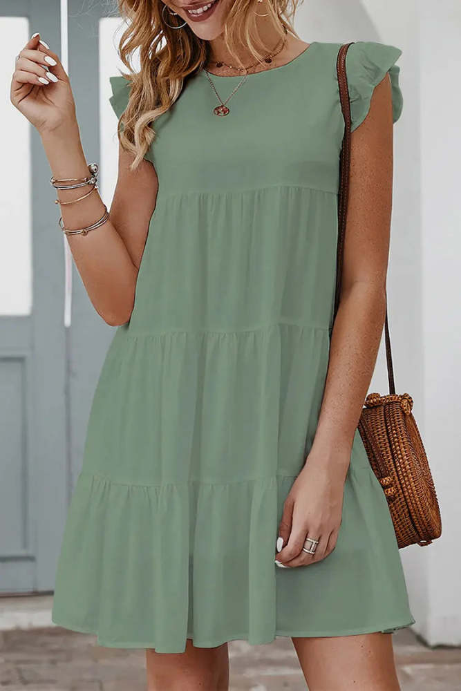 Summer Sleeveless Ruffle Sleeve Flowy Pleated Dress