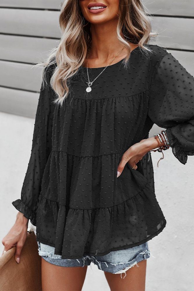 Long Sleeves Crew Neck Chicffon Blouses PomPom Pleated Top