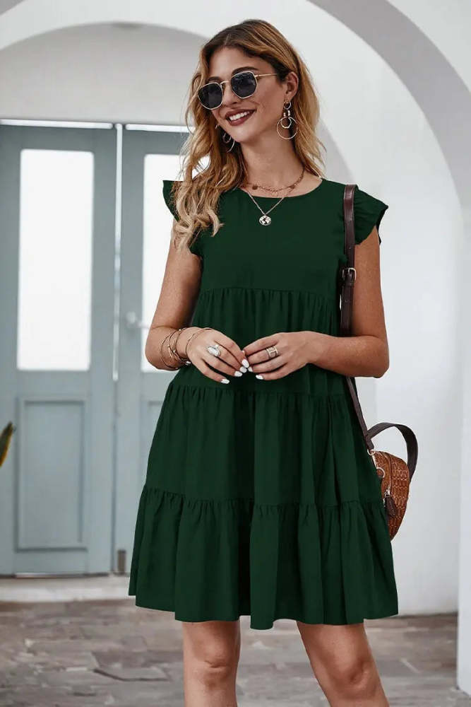 Summer Sleeveless Ruffle Sleeve Flowy Pleated Dress