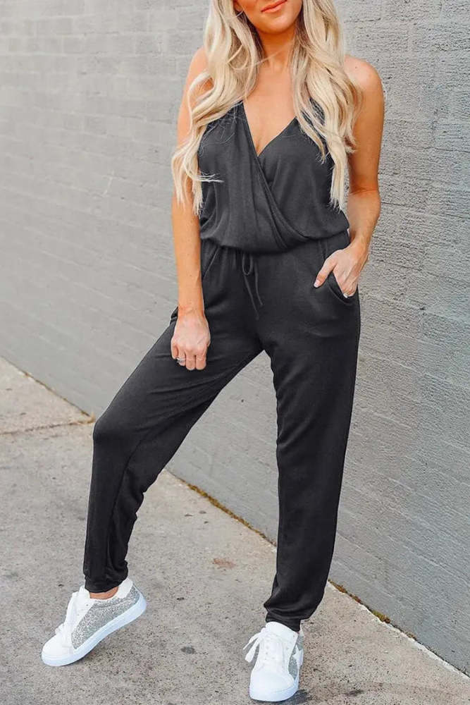 Summer Deep V Neck Spaghetti Strap Drawstring Waist Jumpsuit