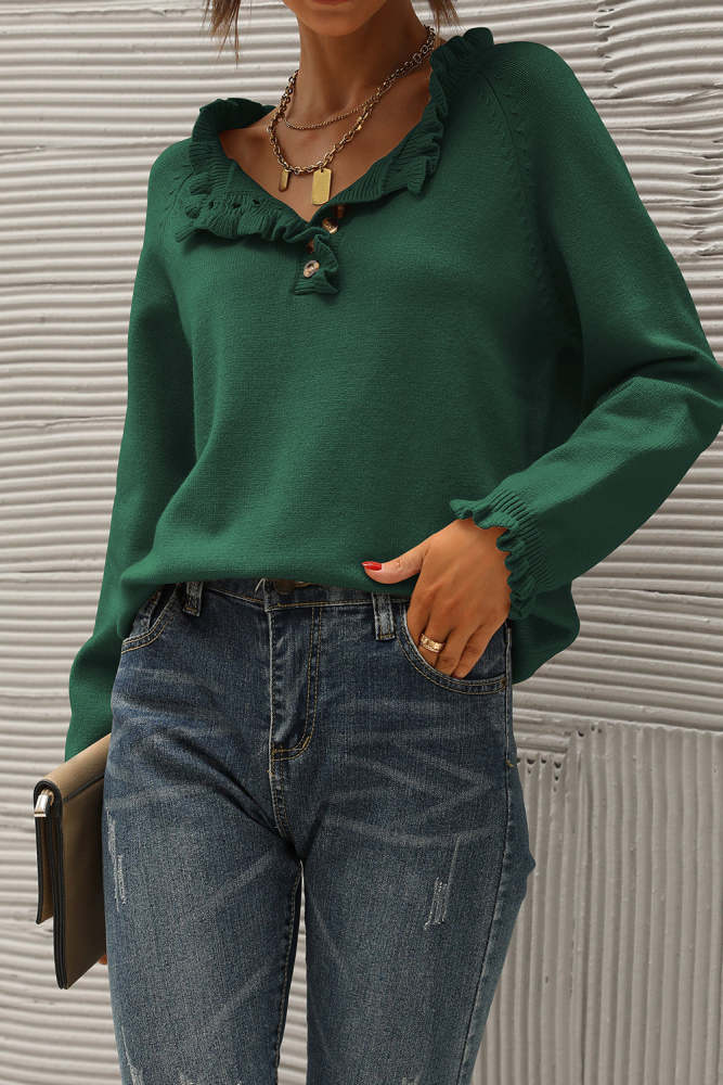 Long Sleeve Button Down Ruffle Knit Pullover Sweater Tops