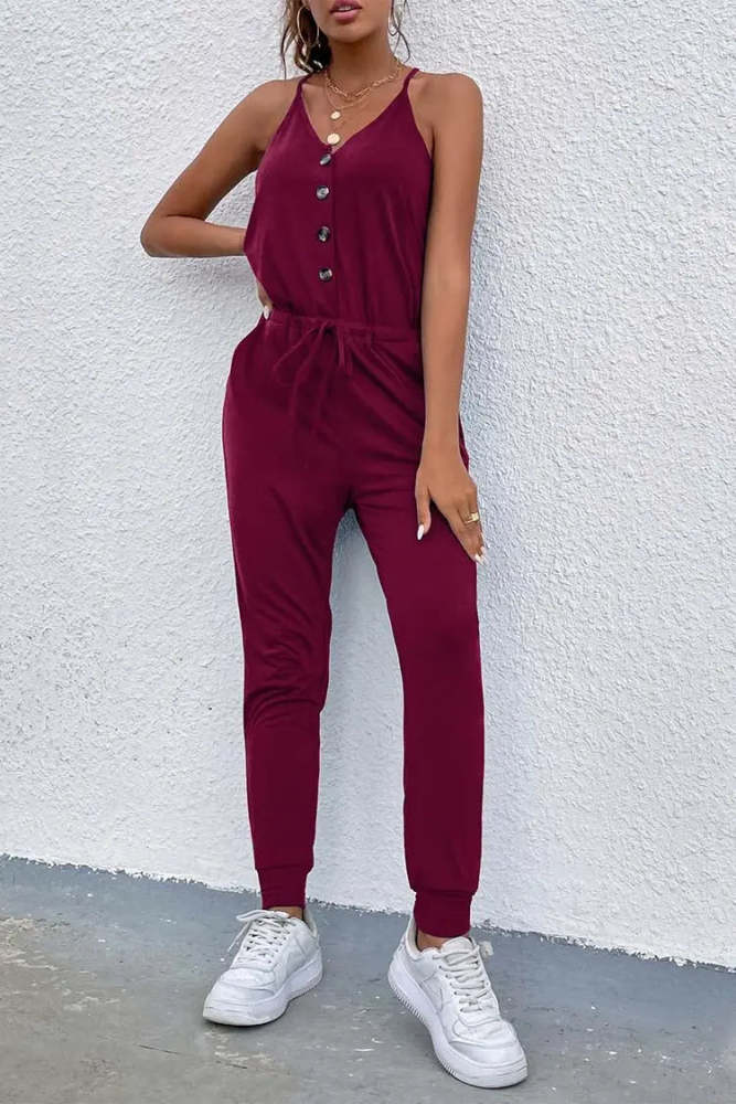 V Neck Sleeveless Button Down Spaghetti Strap Jumpsuit