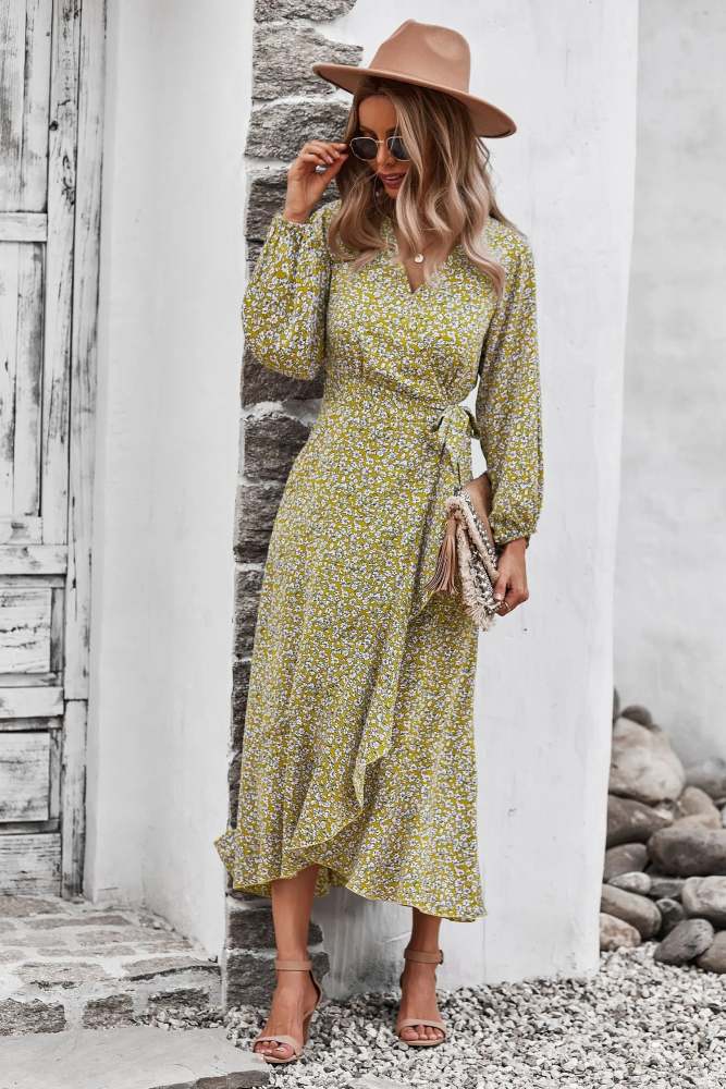 Long Sleeve Tied Waist Wrap Fall Maxi Dress