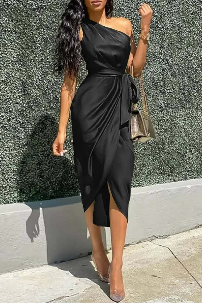 One Shoulder Ruched Midi Dress Belted Party Dress