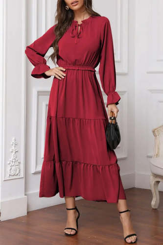 Long Sleeve Ruffle Neck Tiered Long Dress